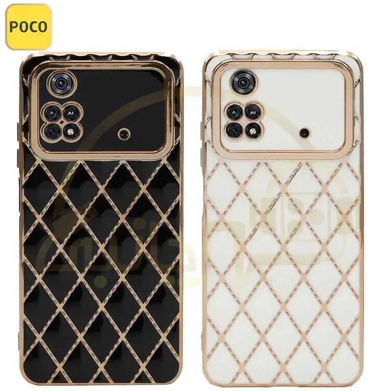 قاب پافر الکتروپلیتینگ محافظ لنزدار مدل Xiaomi Poco M4 Pro کاور پافری دور طلایی شیاومی Poco M4Pro 4G