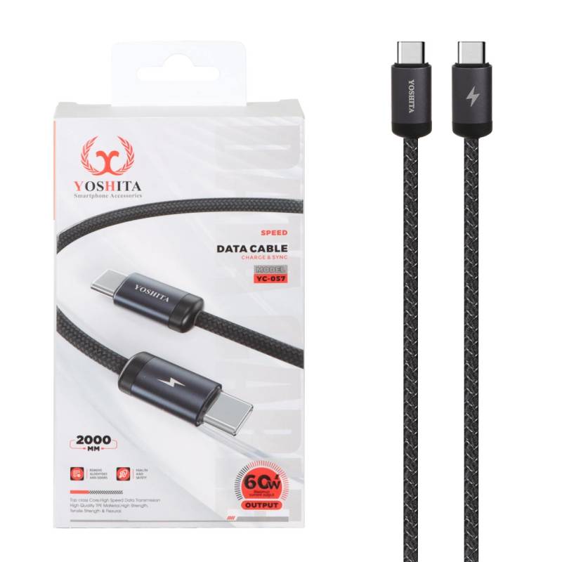 کابل شارژ فست ۲ متری Yoshita Type-C to Type-C مدل YC-057 60W مشکی | شارژ سریع PD ۶۰ وات