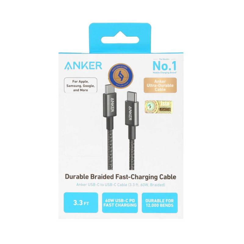 کابل شارژ فست Type-C to Type-C ANKER مدل A8752H11 مشکی | ۶۰ وات نایلون ۱ متری